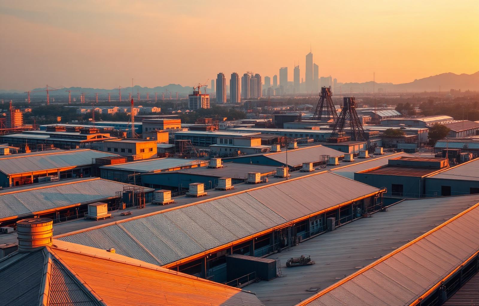 Asia industrial skyline at sunset