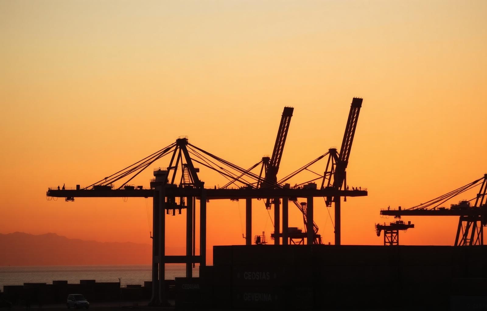 Mediterranean container port at golden hour — INKEIROS Europe sourcing operations from Spain and Italy